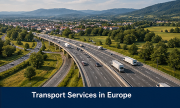Rede de transporte europeia com camiões, autoestradas e ligações logísticas transfronteiriças