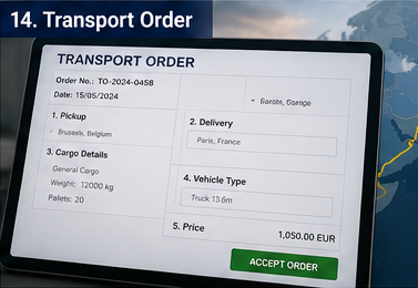 Ordem de transporte digital com detalhes do envio, rota e atribuição de veículo numa plataforma logística