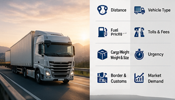 Fatores de preço na logística, incluindo distância, combustível, portagens, carga e planeamento de transporte na Europa