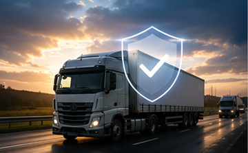 Transporte rodoviário por camião e proteção da carga representando seguros e gestão de risco na logística