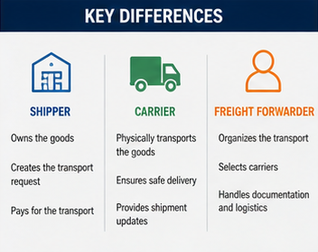 Diagrama a comparar as funções de expedidor, transportador e transitário na cadeia logística