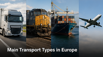 Diferentes tipos de transporte na Europa: camião, carrinha, navio de contentores e comboio de mercadorias, comparação logística