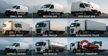Diferentes veículos de transporte de mercadorias na Europa, incluindo carrinhas, camiões e semi-reboques