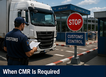 Camião numa fronteira europeia com o motorista a apresentar documentos de transporte, incluindo o CMR
