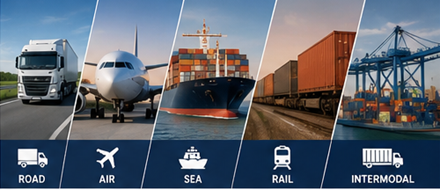Diferentes métodos de transporte de mercadorias incluindo camião, avião, navio de carga e comboio de mercadorias