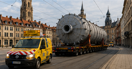 Transporte de carga sobredimensionada a circular por ruas estreitas de cidades europeias