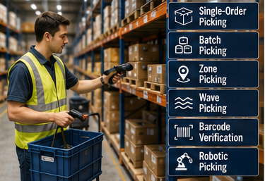 Funcionário de armazém a fazer picking de produtos nas prateleiras para encomendas de clientes