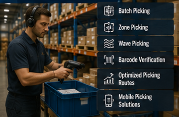 Colaborador de armazém a utilizar software WMS para picking e operações de fulfillment