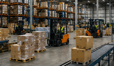 Armazenagem e logística de grupagem com triagem de paletes, empilhadores, centros de distribuição e manuseamento de carga