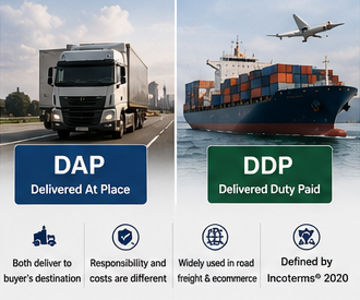 Operações de transporte internacional e logística explicando os termos comerciais DDP e DAP