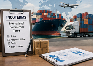 Operações de comércio internacional com contentores de transporte, documentos de transporte e coordenação logística global