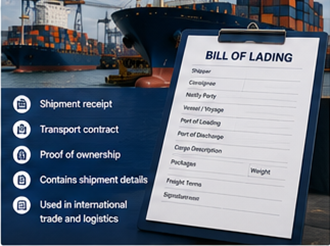 Documento de transporte Bill of Lading com contentores de carga e operações logísticas