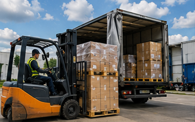 Transporte de paletes com paletes empilhadas, empilhadores, camiões de logística e operações de carga em armazém