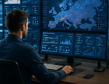 Operador logístico a monitorizar um sistema de tracking de remessas com atualizações de transporte em tempo real em toda a Europa