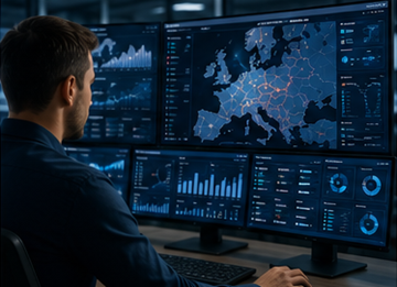 Operador de logística a monitorizar sistemas de rastreamento de envios e visibilidade de transporte na Europa