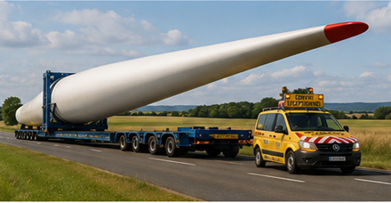 Pás de turbinas eólicas e equipamento de energia renovável transportados por camiões de cargas pesadas