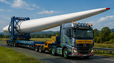 Reboque especializado a transportar uma pá de turbina eólica pela Europa
